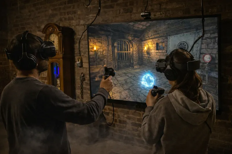 Parcours d'escape game avec énigmes et indices disposés dans une galerie