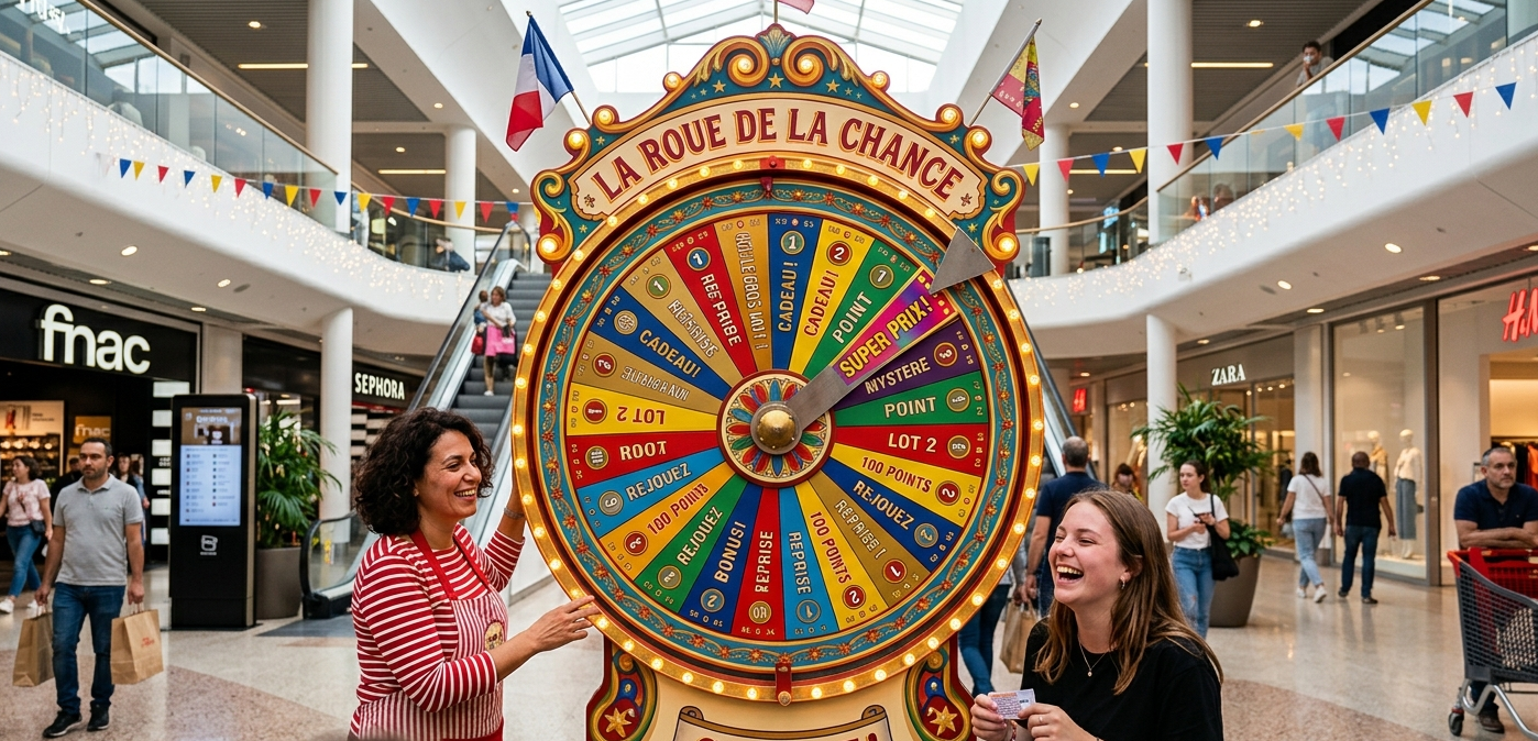 Roue de la chance multicolore pour jeu concours et collecte de contacts en centre commercial