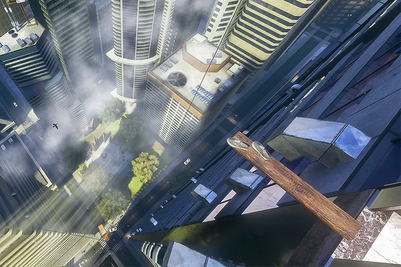Personne debout sur une plateforme VR Vertige simulant le vide en hauteur